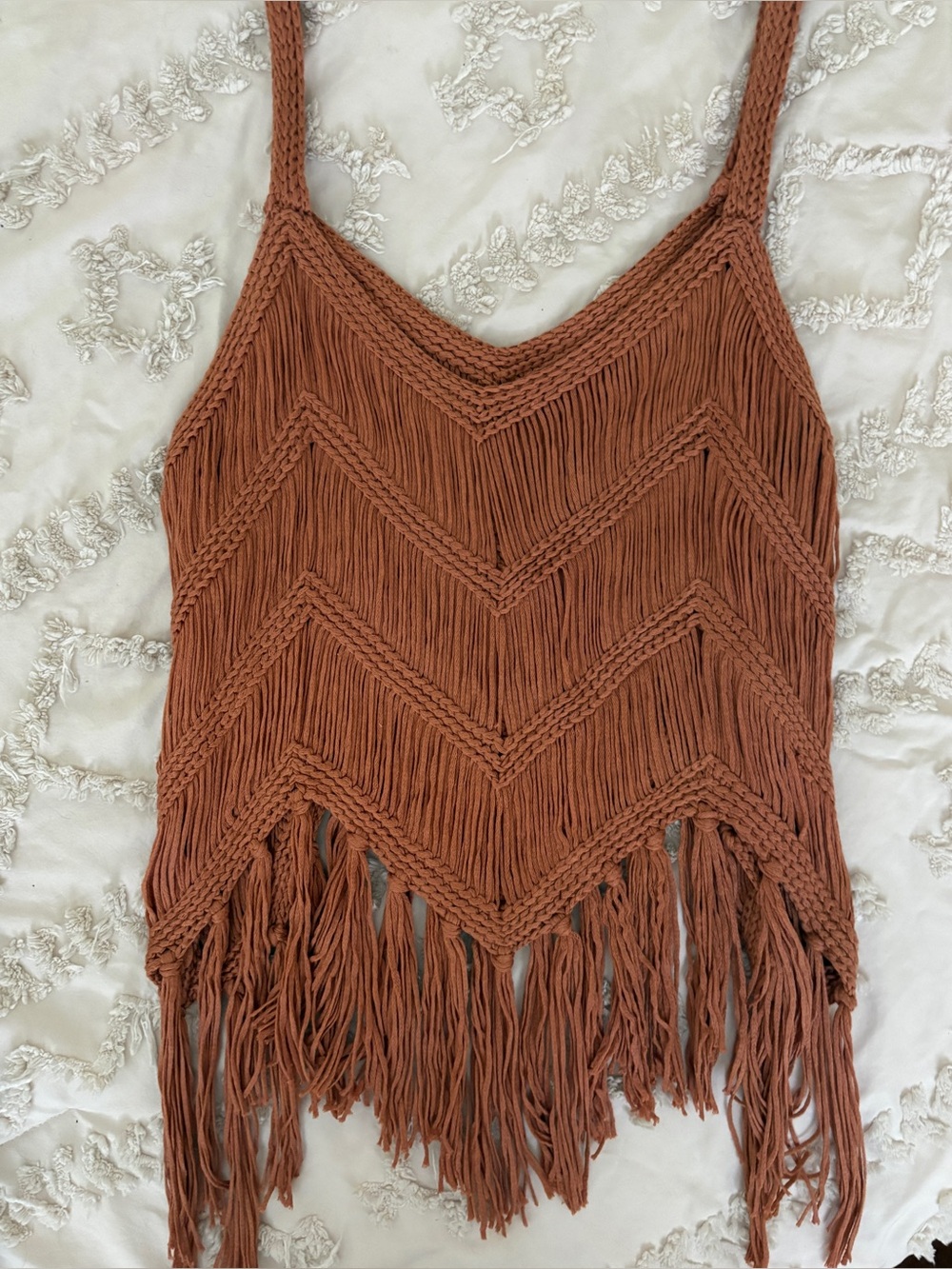 Copper Rust Tank Top Hand Woven Fringe Hem Crochet Zig Zag Weave and Hem Sz M - Picture 2 of 8